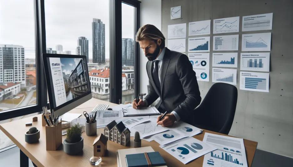 Real estate professionals reviewing reports and discussing strategy